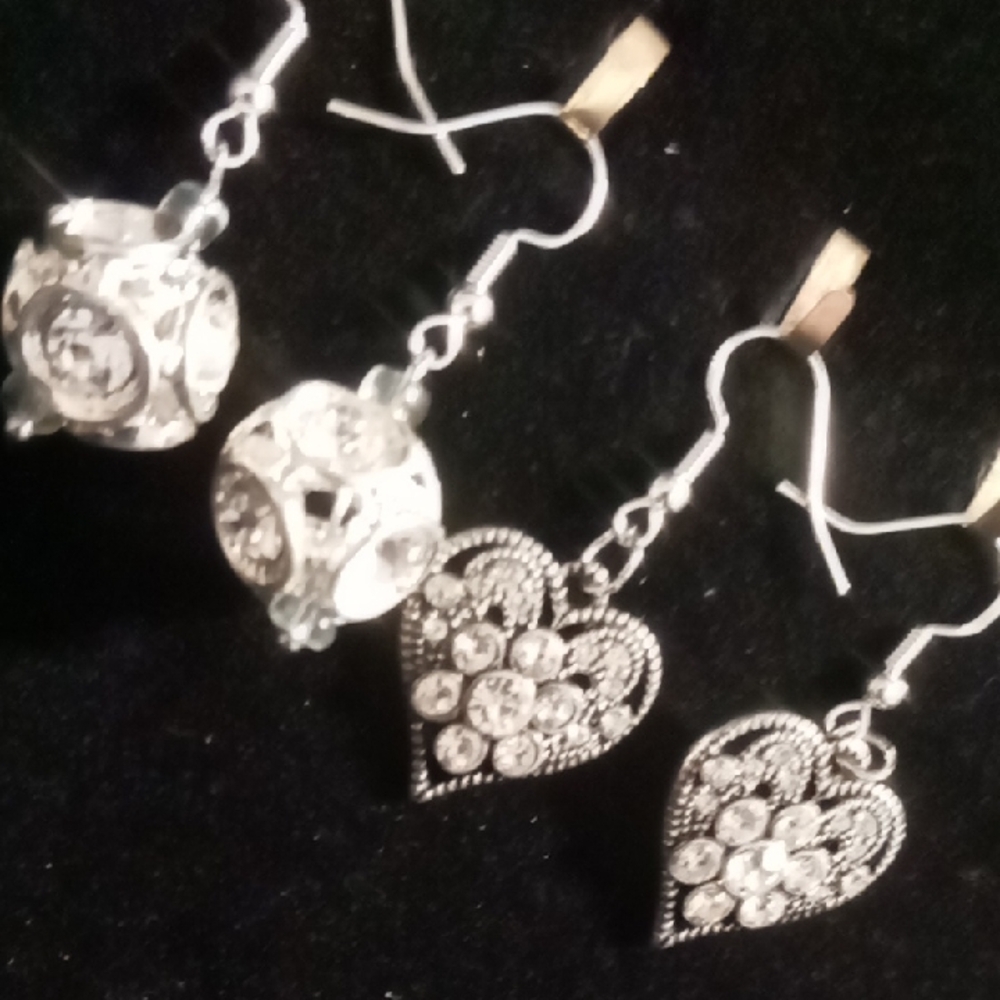 Silver Heart and Sphere Earrings both pairs 925 hooks rhinestone encrusted